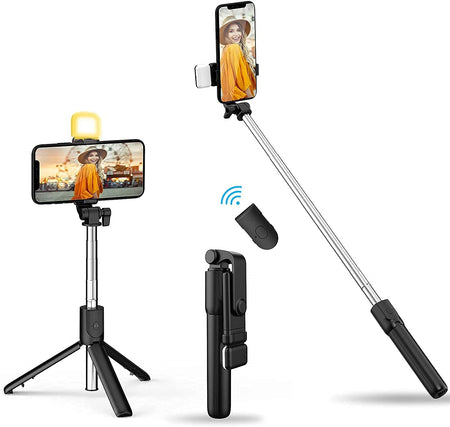 Selfie Stick with selfie Light 3-in-1 Multifunctional R1s Tripod Stand with Bluetooth Remote and Selfie Light Compatible with all Smart Phones (Black)