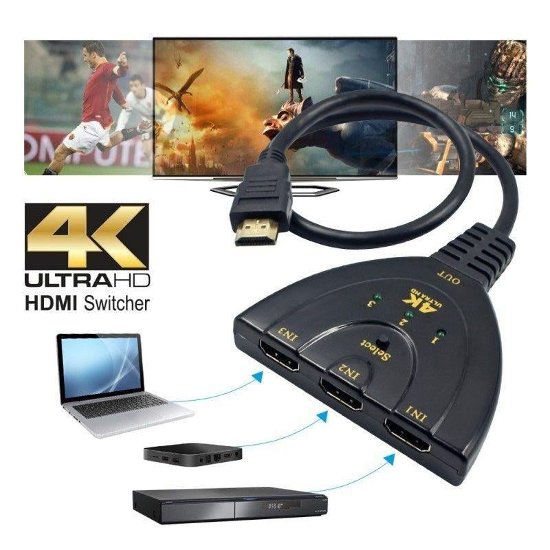 3 IN 1 HDMI Switcher 4 K 3 Port Switch with Pigtail HDMI Cable for HD TV, PC, Projector Media Streaming Device (Black)