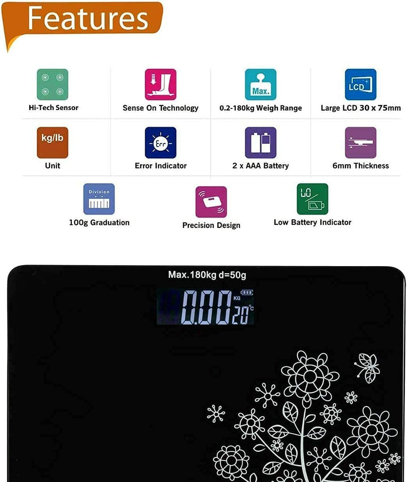 Glass Weighing Scale Printed Electronic Thick Tempered Glass LCD Display Digital Personal Bathroom Health Body Weight Scale