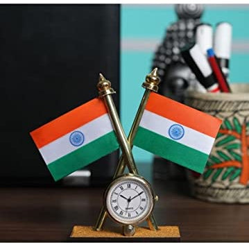 Indian Flag Cross Pair with Analog Clock For Office Desk, Table & Room Universal Showpiece Car Dashboard Decoration
