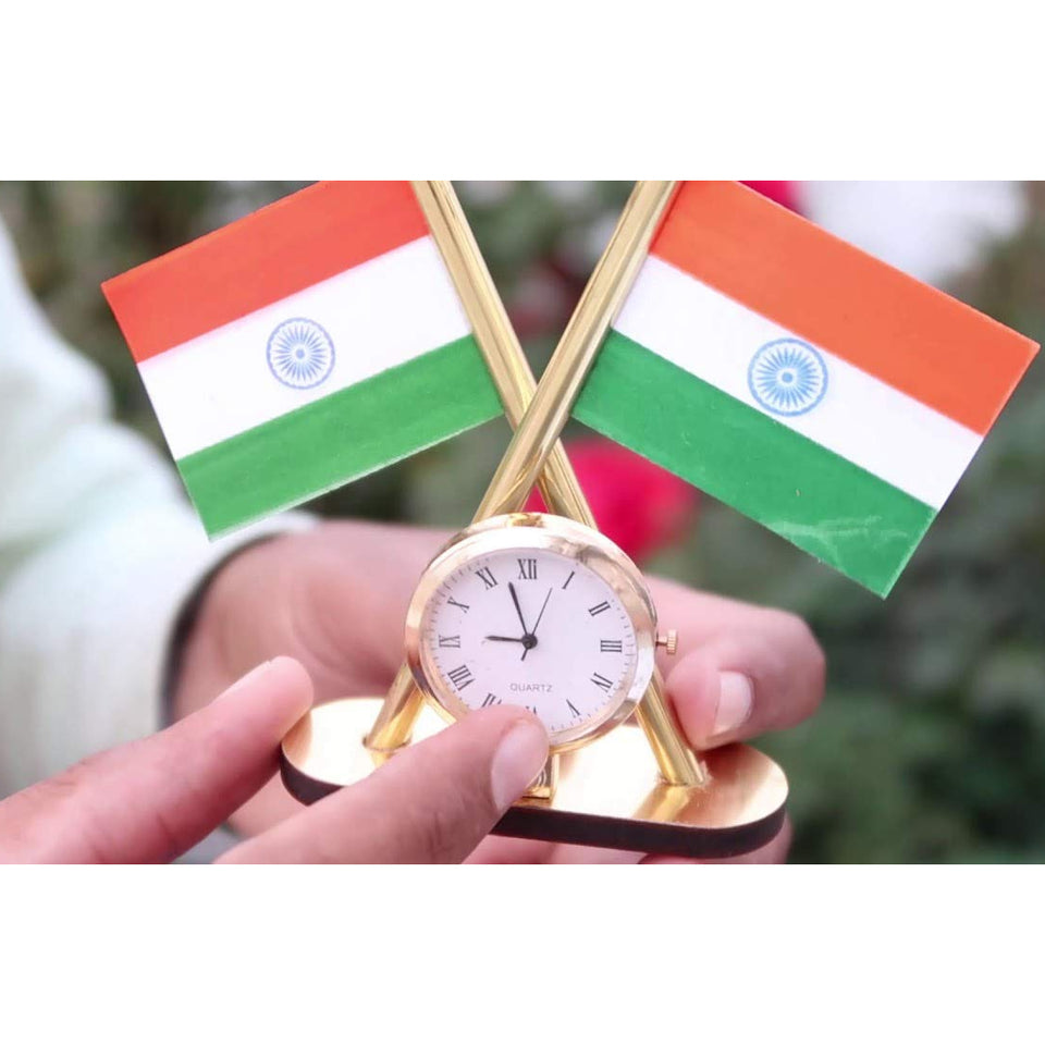 Indian Flag Cross Pair with Analog Clock For Office Desk, Table & Room Universal Showpiece Car Dashboard Decoration