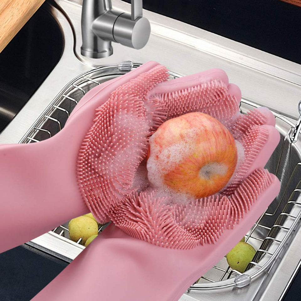 Silicone Gloves with Wash Scrubber Reusable Brush Heat Resistant Gloves Kitchen Cleaning - halfrate.in