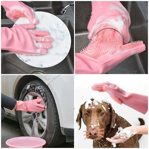 Silicone Gloves with Wash Scrubber Reusable Brush Heat Resistant Gloves Kitchen Cleaning - halfrate.in