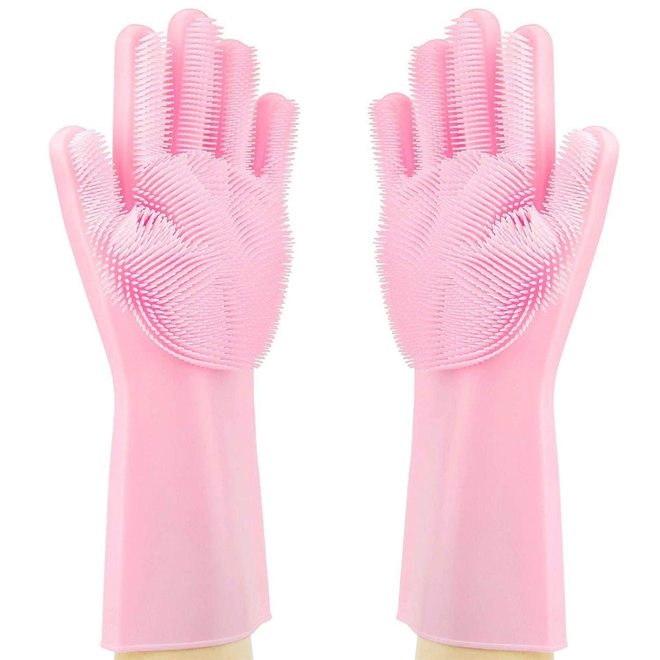 Silicone Gloves with Wash Scrubber Reusable Brush Heat Resistant Gloves Kitchen Cleaning - halfrate.in