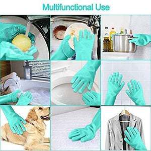 Silicone Gloves with Wash Scrubber Reusable Brush Heat Resistant Gloves Kitchen Cleaning - halfrate.in