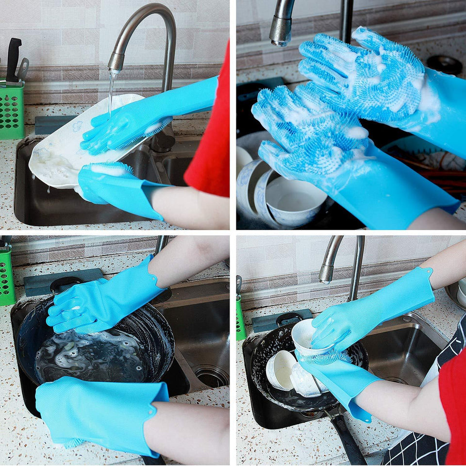 Silicone Gloves with Wash Scrubber Reusable Brush Heat Resistant Gloves Kitchen Cleaning - halfrate.in