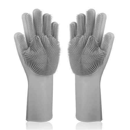 Silicone Gloves with Wash Scrubber Reusable Brush Heat Resistant Gloves Kitchen Cleaning - halfrate.in