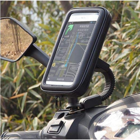 Moterbike Scooty Waterproof Zip Pouch Mobile Holder | Bike Rear View Mirror Phone Mount 360* Rotation Adjustable Size Up to 7" (Black)