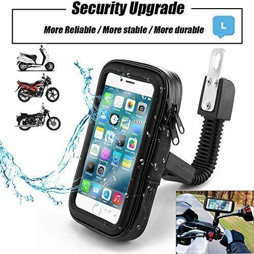 Moterbike Scooty Waterproof Zip Pouch Mobile Holder | Bike Rear View Mirror Phone Mount 360* Rotation Adjustable Size Up to 7" (Black)