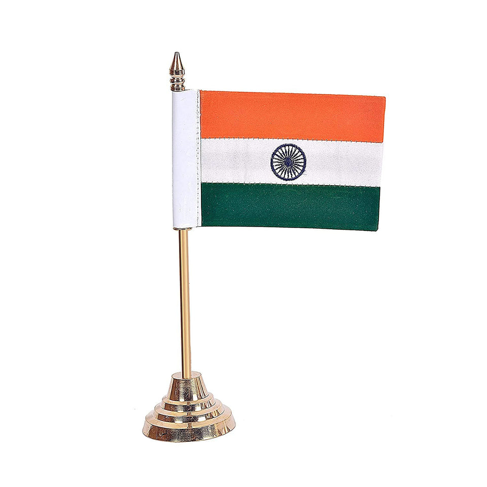 India Flag Table Top Desktop Brass Single Rod with Heavy Base and Cloth Replaceable Flag for Home, Car Dashboard, Office