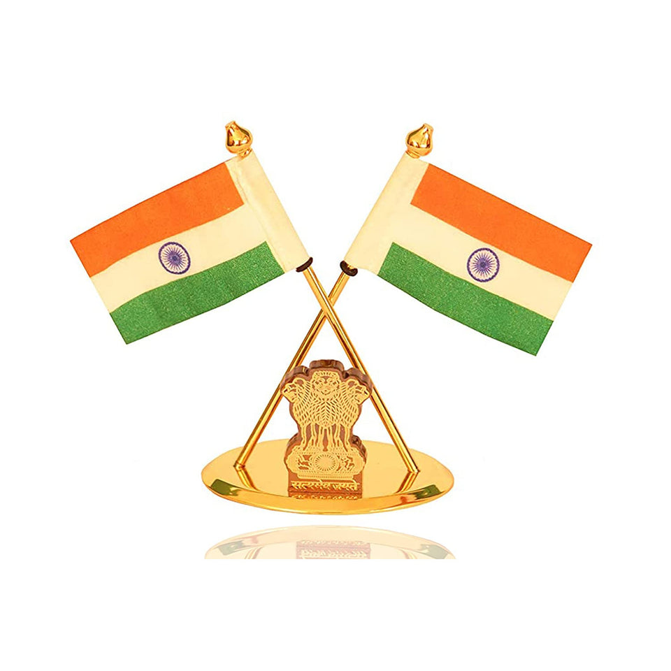 Double Indian Flags Crossed Made of Brass with National Emblem Symbol of Satyamev Jayate with Khadi Fabric for Car Dashboard, Gifts, Home, Office
