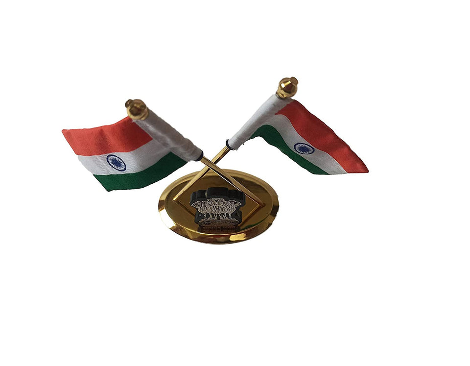 Double Indian Flags Crossed Made of Brass with National Emblem Symbol of Satyamev Jayate with Khadi Fabric for Car Dashboard, Gifts, Home, Office