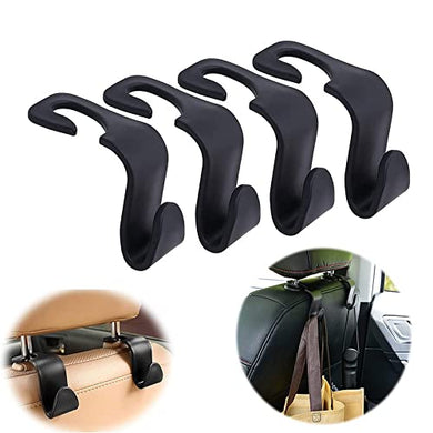 Car Backseat Head Rest Hook/Hanger, Plastic Storage Holder for Groceries, Handbags, Coat, Purse and Bags - (Pack of 4) - Black