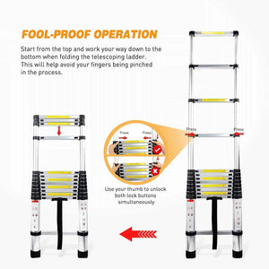 Portable and Compact 7-Steps Telescopic Foldable Aluminium Anodized Silver Ladder 150 KG Capacity (200 cm, 6.6 ft) - halfrate.in