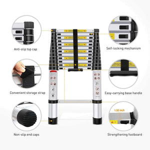 Portable and Compact 7-Steps Telescopic Foldable Aluminium Anodized Silver Ladder 150 KG Capacity (200 cm, 6.6 ft) - halfrate.in
