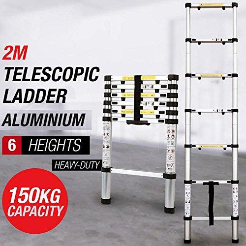 Portable and Compact 7-Steps Telescopic Foldable Aluminium Anodized Silver Ladder 150 KG Capacity (200 cm, 6.6 ft) - halfrate.in