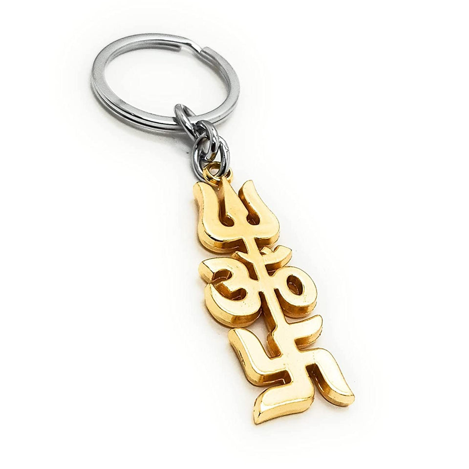 Lord Trishul Om Swastik Heavy Metal Alloy Keychain Golden