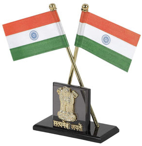 Indian Flag Cross Pair with National Emblem For Office Desk, Table & Room Universal Showpiece Car Dashboard Decoration