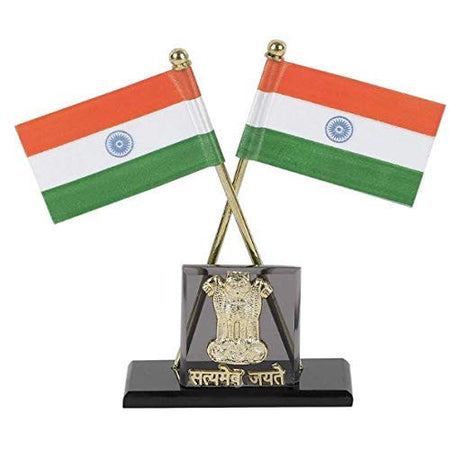 Indian Flag Cross Pair with National Emblem For Office Desk, Table & Room Universal Showpiece Car Dashboard Decoration