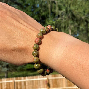 Natural Unakite 8 mm Bracelet for Heart Chakra Crystal Stone Bracelet Round Shape for Reiki Healing and Crystal Healing Stones