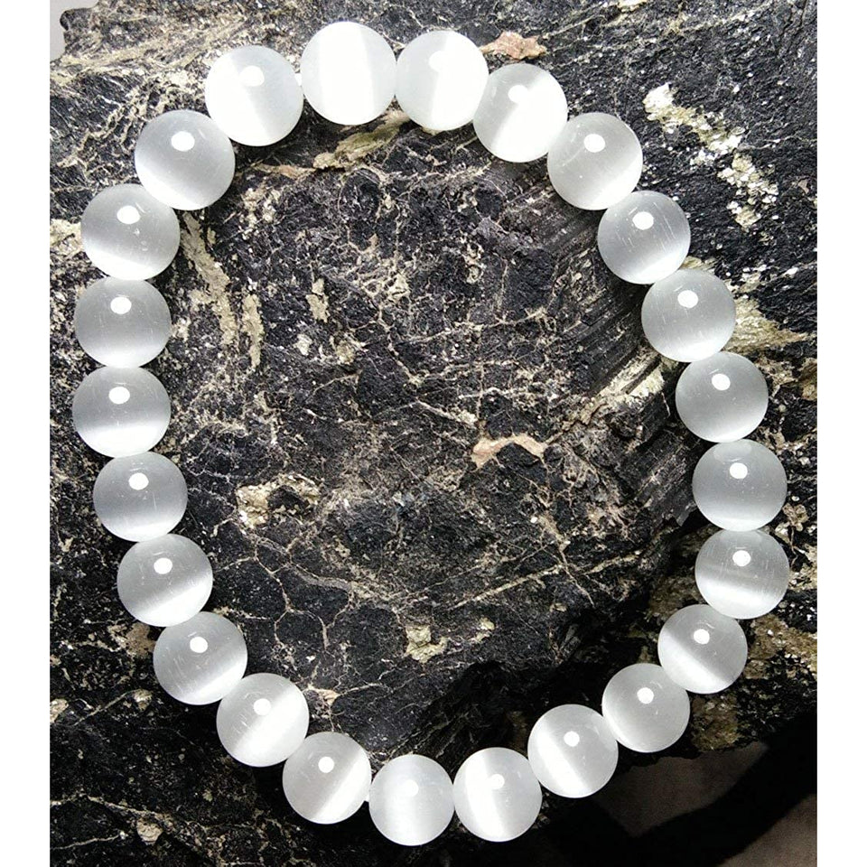 Round Beads White Selenite Stone Bracelet 8mm For Reiki Chakra Yoga Meditation Semi Precious Gemstone Stretchable Bracelet