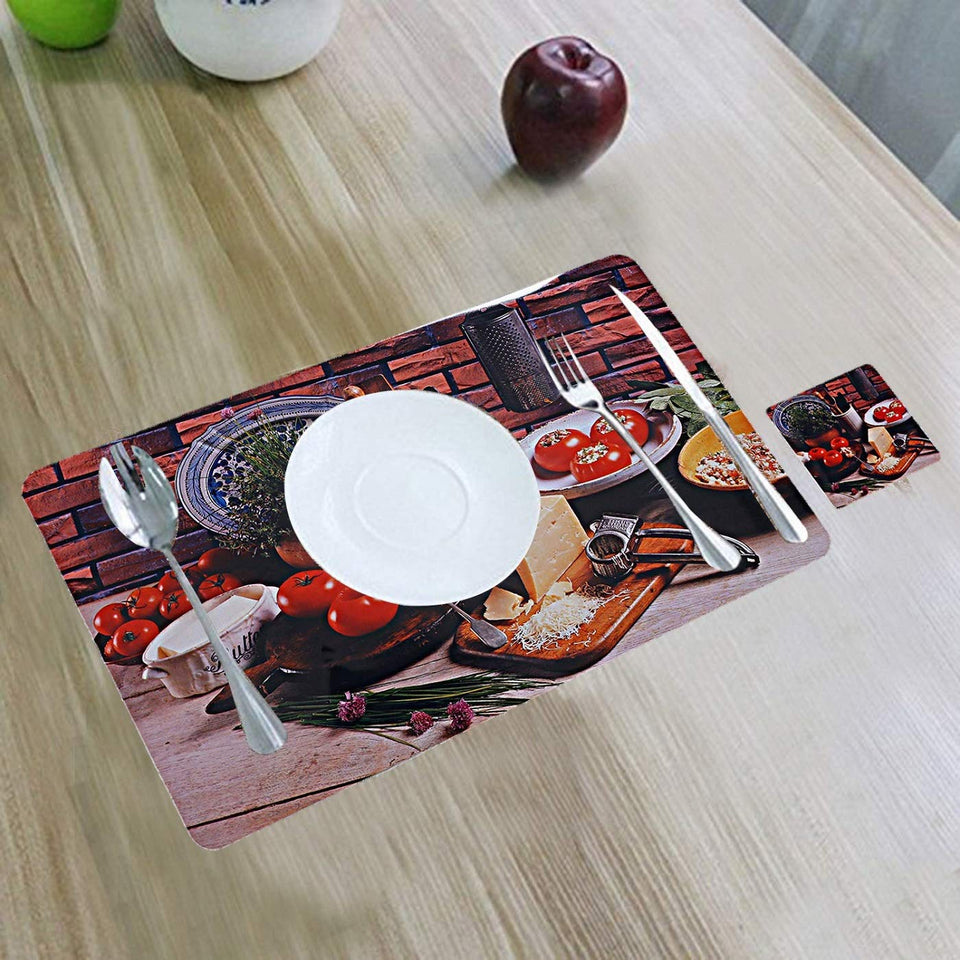 Printed PVC 6 Pieces Dining Table Placemat with Tea Coasters Set - halfrate.in