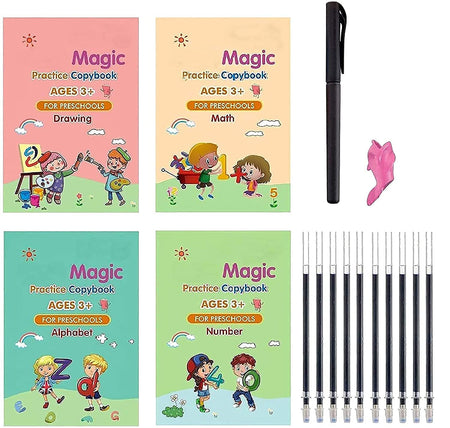 Magic Practice Copybook (4 Books, 5 Refill), Number Tracing Book for Preschoolers with Pen, Magic Calligraphy Copybook Set Practical Reusable Writing Tool Simple Hand Lettering
