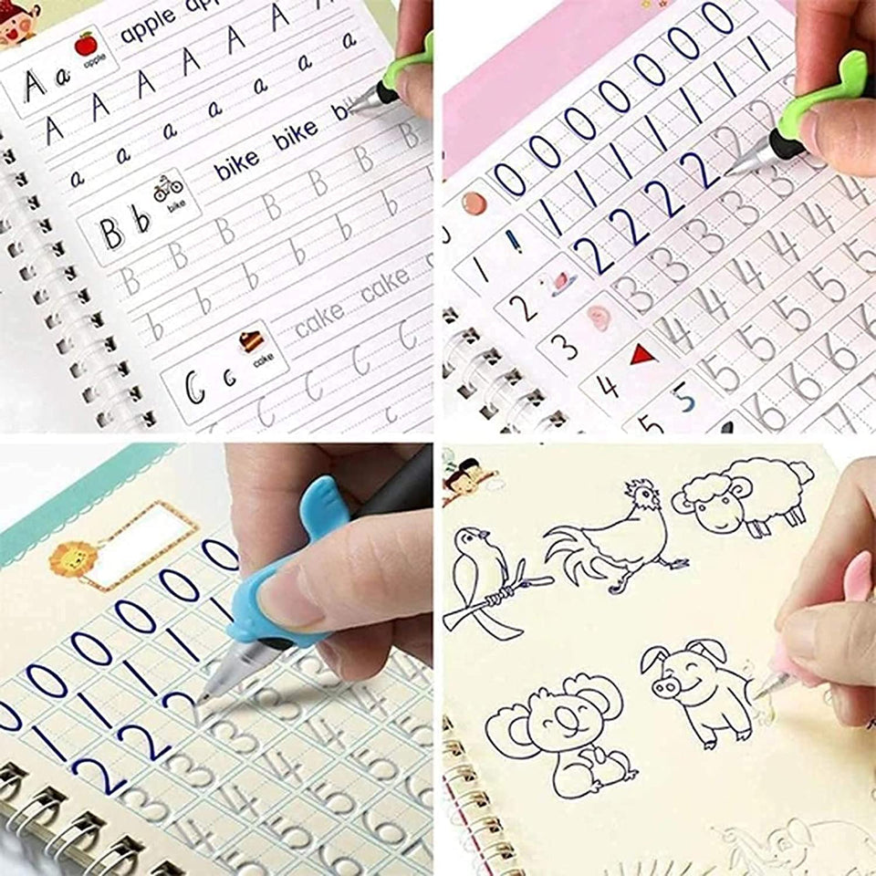 Magic Practice Copybook (4 Books, 5 Refill), Number Tracing Book for Preschoolers with Pen, Magic Calligraphy Copybook Set Practical Reusable Writing Tool Simple Hand Lettering