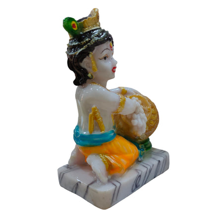 Bal Krishna Maakhan Chor Idol Handcrafted Handmade Marble Dust Polyresin - 14 x 9 cm perfect for Home, Office, Gifting MCC-1