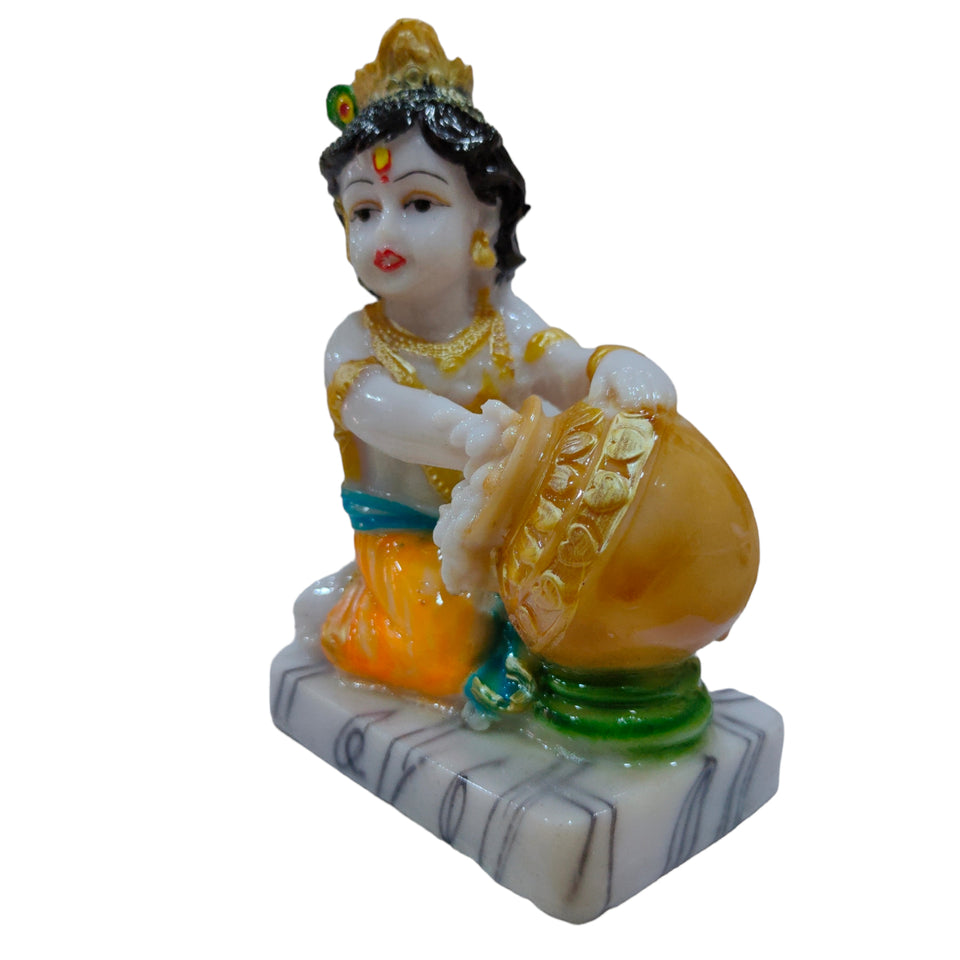 Bal Krishna Maakhan Chor Idol Handcrafted Handmade Marble Dust Polyresin - 14 x 9 cm perfect for Home, Office, Gifting MCC-1