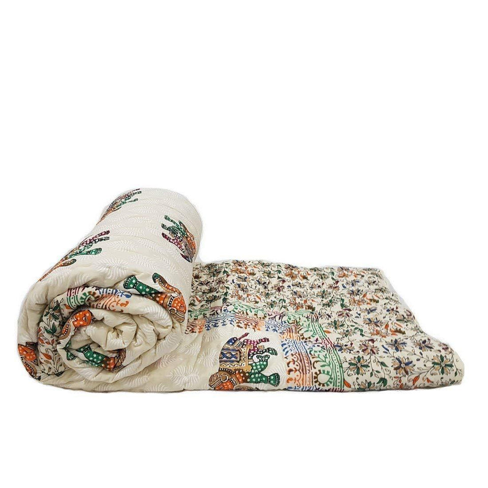 Jaipuri Razai ( Quilt) natural Cotton Stuffed White base - Single Bed size - halfrate.in