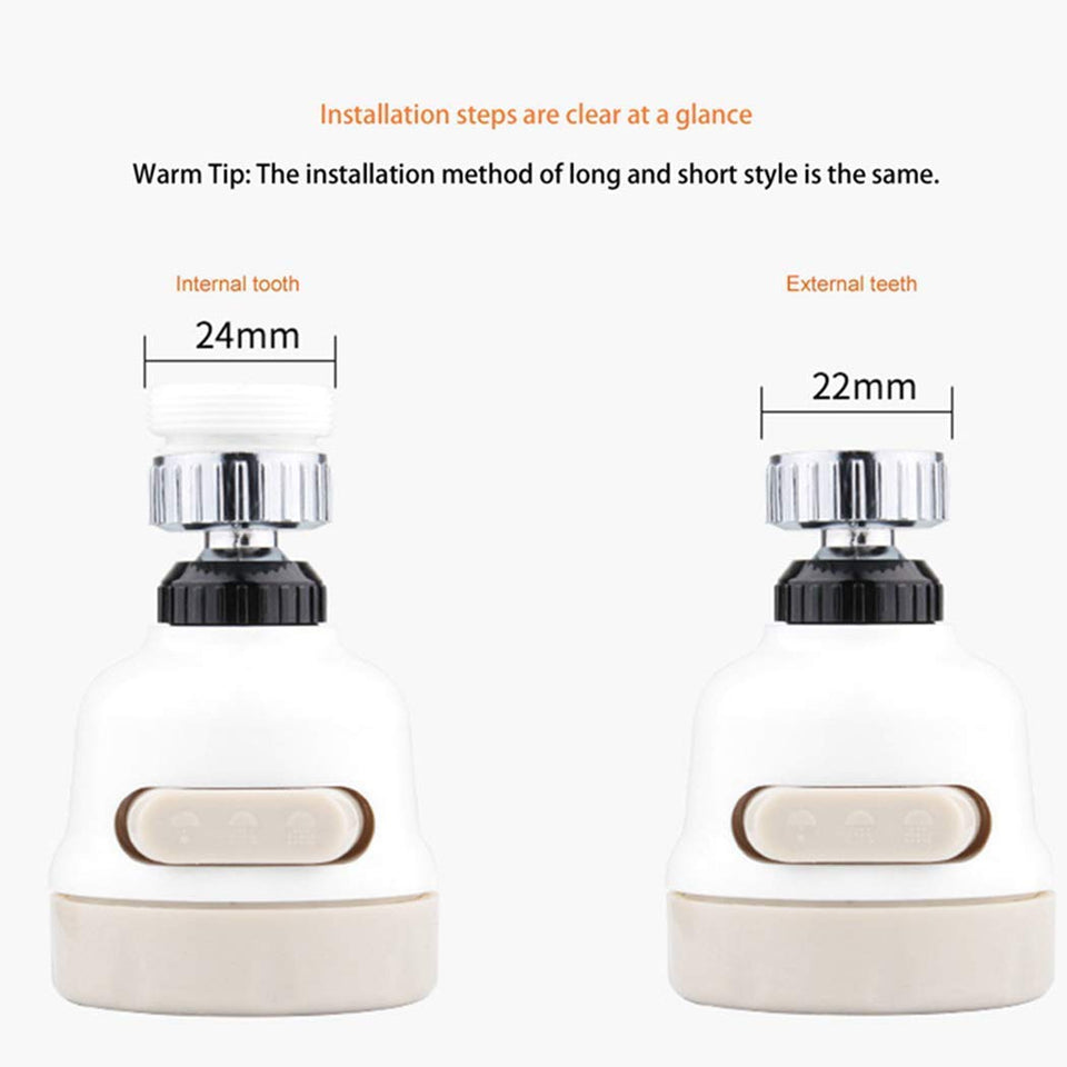 360 Degree Movable Faucet Aerator, Water-Saving Sprinkler and Device, 3-Gear Adjustable Head Nozzle Universal Adapter Sprayer for Kitchen and Bathroom