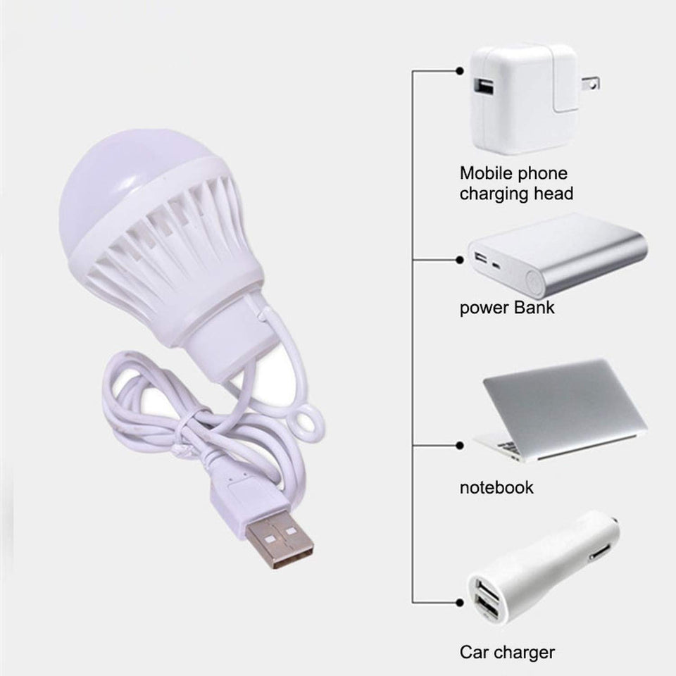 5W Portable Bright USB LED Bulb Light with Hook for Reading Camping Writing Works with Power Bank, Mobile phone, laptop, PC Adapter