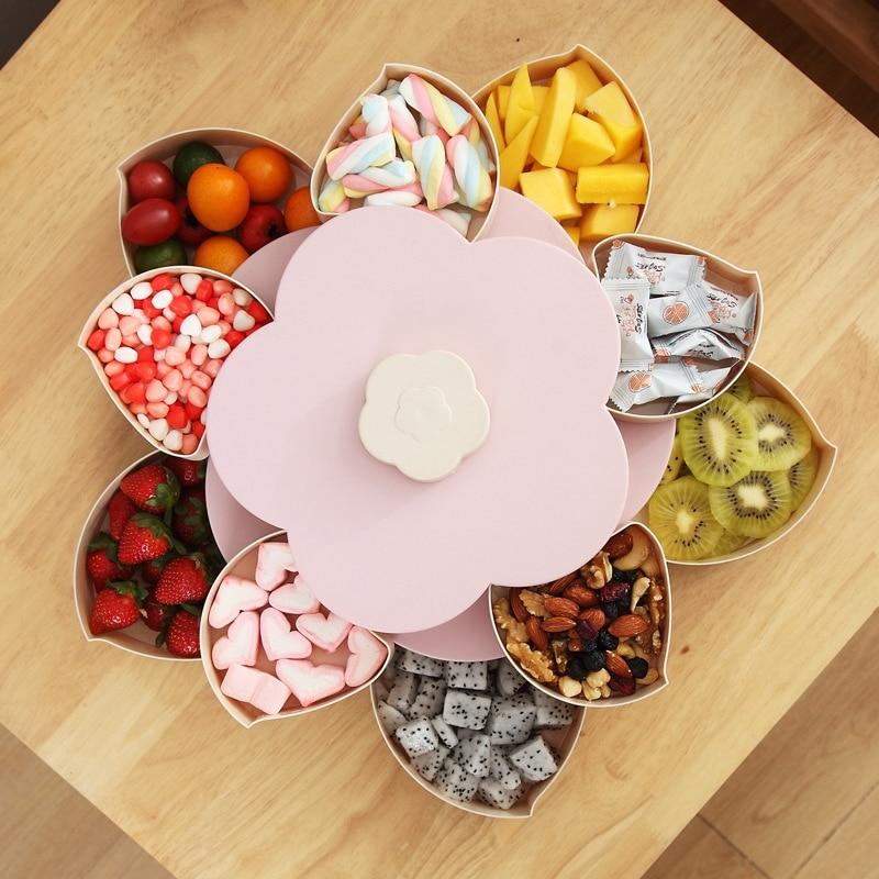Double Layer 10 Grid Candy Snack Storage Flower Shape Rotating Box with Mobile Stand - halfrate.in