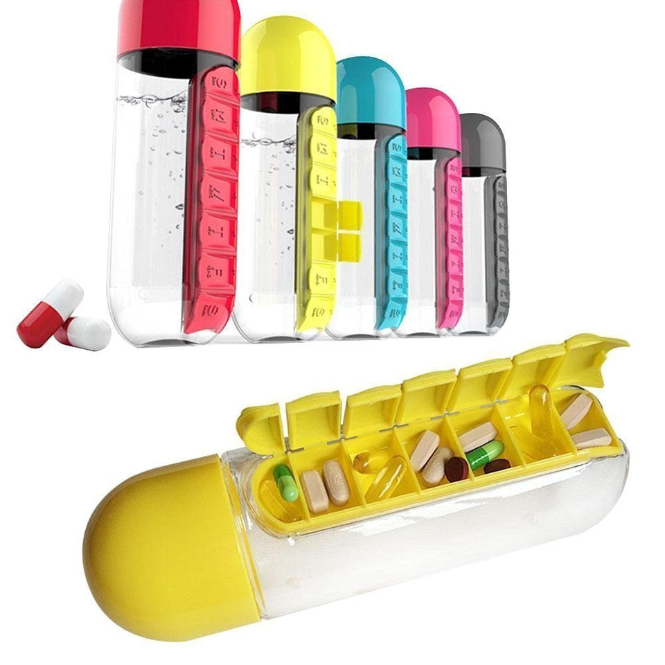 Pill Bottle, Water Bottle Pill Box Organizer with Water Bottle Medicine Organiser Medicine Organiser Box, Travelling kit, Capacity : 20oz,600ML