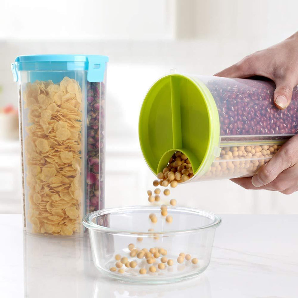 Food Container 3 in 1 Transparent Plastic Lock Food Storage Airtight Container Jar for Cereals, Snacks, Pulses, Grocery 3 Section 1500 ml set of 2 - halfrate.in