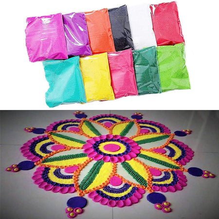 Rangoli Plastic Color Powder Pack of 10 Bottles Multi colored for Door Decoration on Diwali, Navratri and more Indian Festival