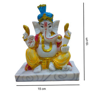 Ganesha with Pagadi Idol Big Handcrafted Handmade Marble Dust Polyresin - 15 x 19 cm perfect for Home, Office, Gifting PGC-2