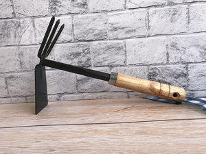 2 in 1 Double Hoe and Cultivator Hand Tiller Gardening Tool with Wooden Handle