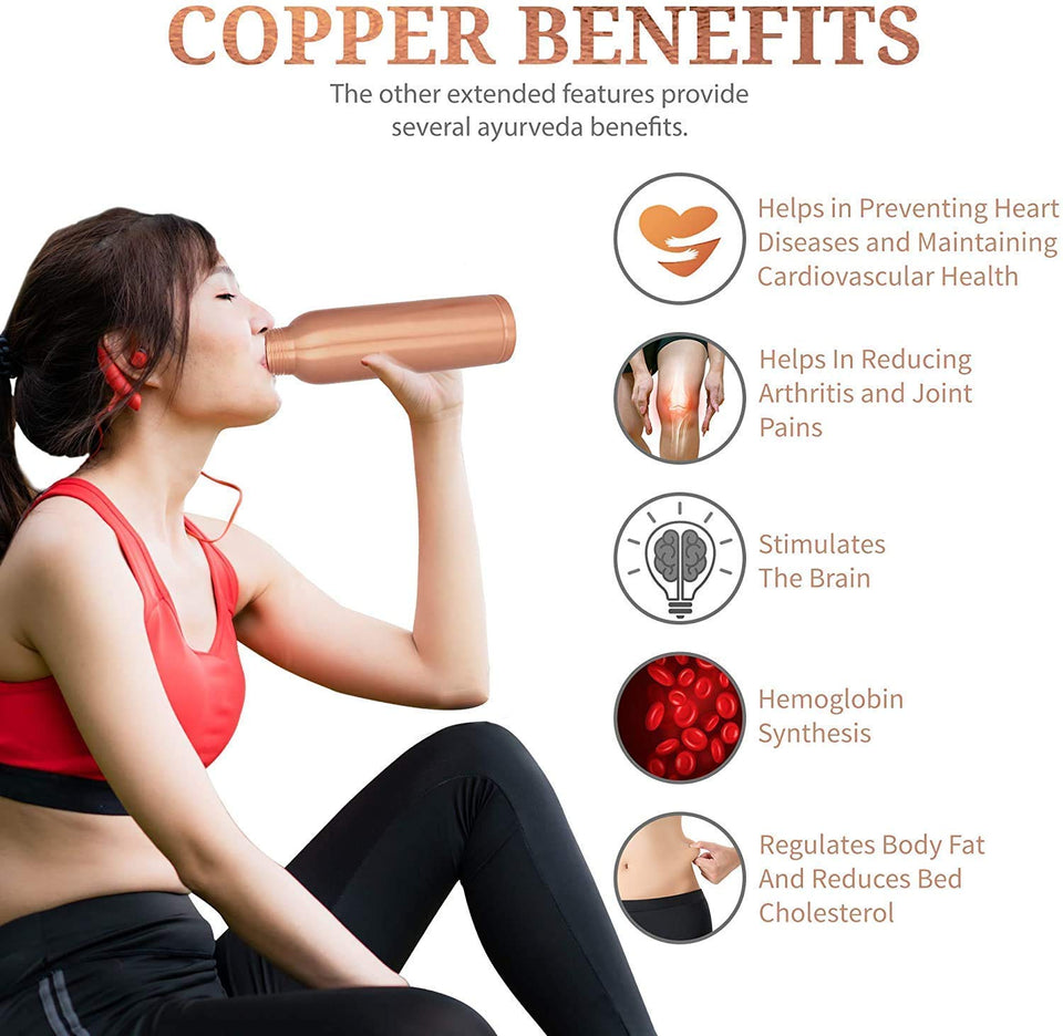 Pure Copper Handmade Water Bottle, 1000Ml, Joint Free, Leak Proof, for Home, Office, Travel Purpose and for Ayurvedic Health Benefits