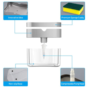 Plastic Liquid Soap Press Type Pump Dispenser with Sponge Holder for Kitchen Sink Dishwasher (2 in 1 Durable Rustproof, 380 ml (1-Sponge Free)