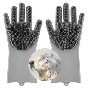 Pet Grooming Gloves, Silicone Hair Remover Brush Glove with High Density Teeth Brush, Gentle Bathing Shampoo Massage Gloves