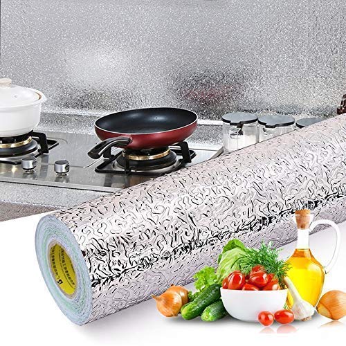 Kitchen Waterproof Self-Adhesive Anti-Mold ,Aluminium foil for Wall and Aluminum Foil Paper Sticker Roll for Kitchen Wall, Drawers (Silver) (60 x 200 cm)