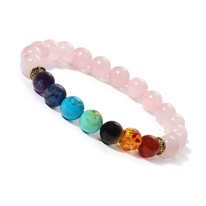 7 Chakra Semi-Precious Stones with Rose Quartz Charm Reiki Chakra Healing Yoga Meditation Crystal Fengshui 8mm Gemstones Beads Bracelet