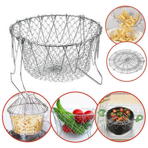 Stainless Steel Multi-Functional Foldable Cooking Chef Basket, Mesh Steam Rinse Strain Fry Basket Strainer Net Kitchen Cooking Tool for Frying, Steaming, Straining, Rinsing