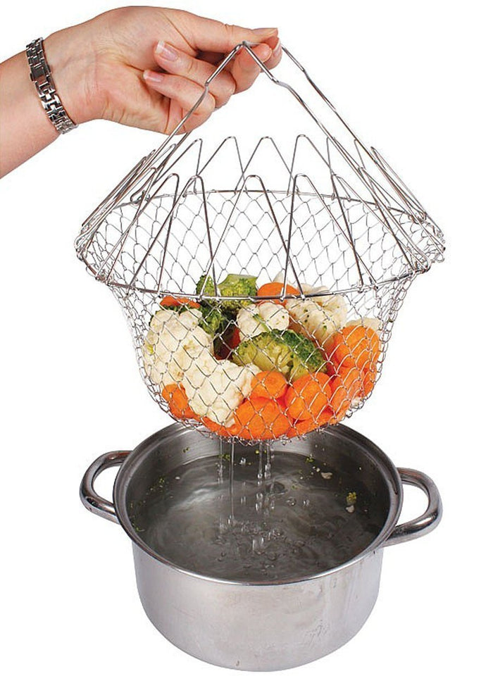 Stainless Steel Multi-Functional Foldable Cooking Chef Basket, Mesh Steam Rinse Strain Fry Basket Strainer Net Kitchen Cooking Tool for Frying, Steaming, Straining, Rinsing