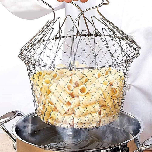 Stainless Steel Multi-Functional Foldable Cooking Chef Basket, Mesh Steam Rinse Strain Fry Basket Deep Fryer