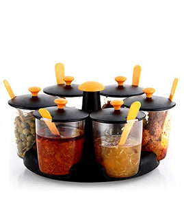 Plastic Multi Purpose Aachar Pickle Container/ Chutney/ Mukhwas Tray/ Masala Tray/ Dining Spice Stand/Jar Box 360 degree Revolving (Set of 6 Jars)