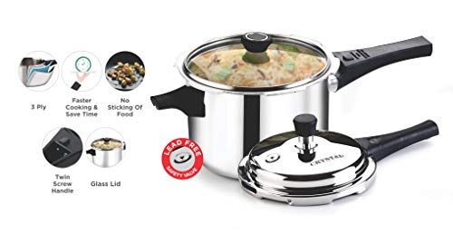 Stainless Steel Tri-Pro Triply Pressure Cooker with Additional Glass Lid, 2 Liters, Silver