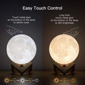3D Rechargeable 10 cm Moon Lamp with Touch Control Adjust Brightness Moon Light with Stand, 2 Colors Led 3D Print Moon Night